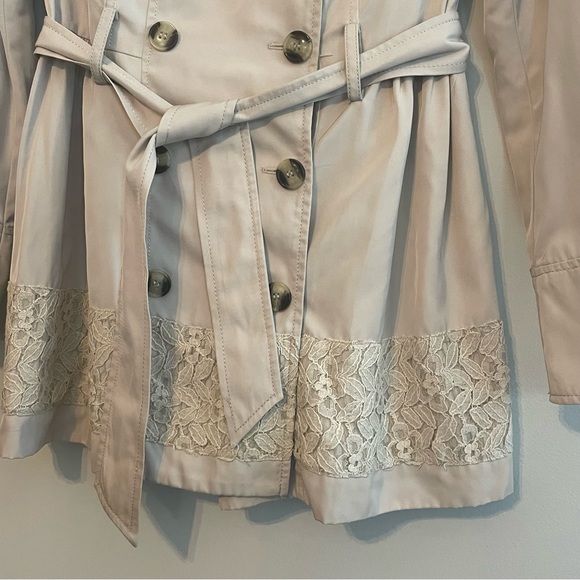 KENSIE Lace Embellished Rain Jacket Trench Coat - Tan, Size S - Picture 4 of 13